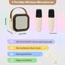 Wireless Portable Handheld Speaker With Led Light Atmosphere Effect, Support/Tf Card/Usb Playback. Comes With Two Wireless Microphones, Suitable For Home Party Karaoke. - Pink - View 5