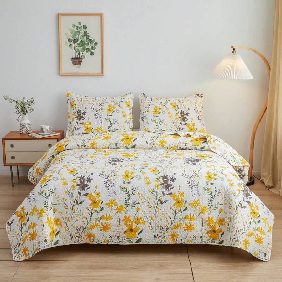 Twin/Full/Queen/King Quilt Set, 3 Piece Floral Bedding Set Microfiber Bedspread Coverlets For Beds - Bunga Romantis - View 1