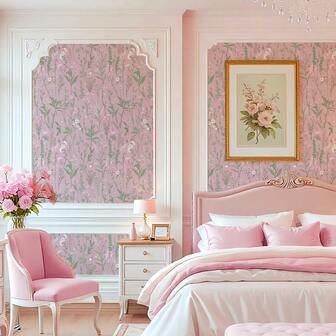 1 卷粉色花卉图案即撕即贴壁纸，粉色背景搭配绿色花卉藤蔓图案，防水自粘，非常适合卧室装饰，浪漫公主风格