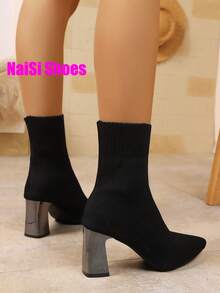 女式2025新款粗跟尖头靴，弹力修身靴，袜靴，高跟短靴，系带，黑色保暖靴，高跟中筒粗跟靴，舒适时尚尖头高跟鞋，休闲优雅靴子，黑色靴子，红色靴子，棕色靴子，咖啡靴 - 黑色 - 查看 6
