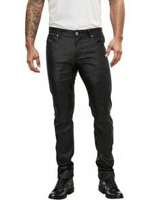 Mens Slim Fit Stretch Fashion Casual Faux Leather Pants-20256688 - 黑色 - 查看 1