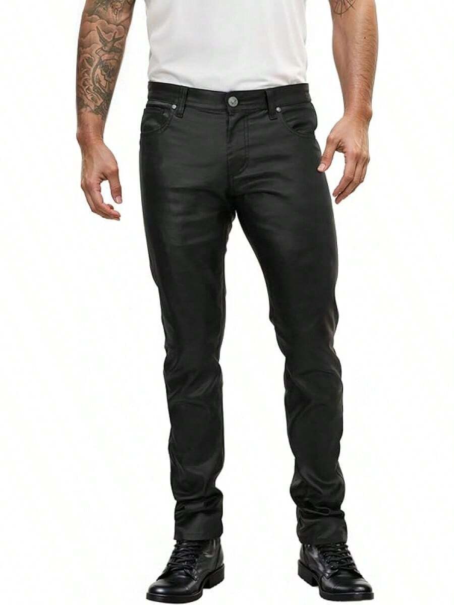 Mens Slim Fit Stretch Fashion Casual Faux Leather Pants-20256688 - 黑色 - 查看 1