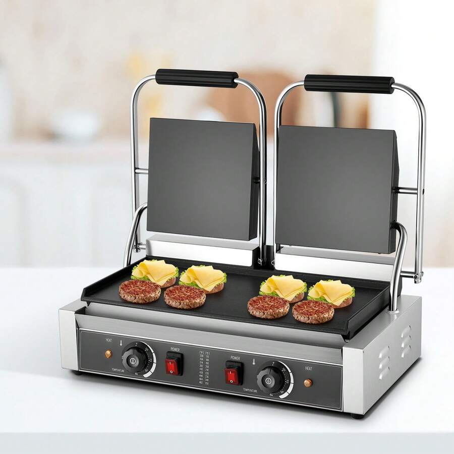 Commercial Panini Grill, 3600W Electric Sandwich Panini Maker, Stainless Steel Double Sandwichs Press With Handle And Temp Control, 19x9 In Full Flat Enamel Plate, For Hamburger Steak Bacon - US A Type Plug(110-127V) - View 1