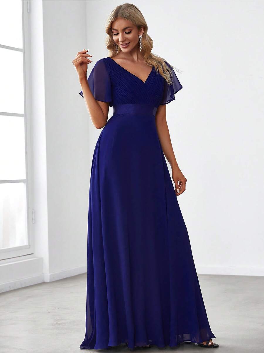 EVERPRETTY Elegant V-Neck Ruffle Butterfly Sleeve Bridesmaid Dress