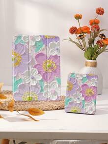 Husă de protecție cu textură florală pictată în ulei violet, compatibilă cu iPad Air4/5 10,9 inch, iPad 7/8/9/10,2 inch, iPad a 10-a generație, compatibilă cu Kindle Paperwhite a 12-a generație 2024, Kindle (a 11-a generație) versiunea 2022. Husa are funcție automată de repaus/trezire, iar husa din piele este disponibilă în mai multe stiluri. - Multicolor - Vizualizare 3