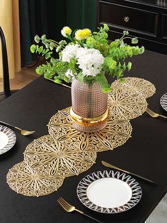 1 pieza Camino de mesa de PVC con flor hueca dorada, lavable, fácil de limpiar, antideslizante, resistente al calor, adecuado para decoración de habitaciones, decoración de mesa de comedor, decoración del hogar, decoración de fiestas, adecuado para vacaciones, fiestas, reuniones, cumpleaños, bodas, regalos, cenas, al aire libre, picnics