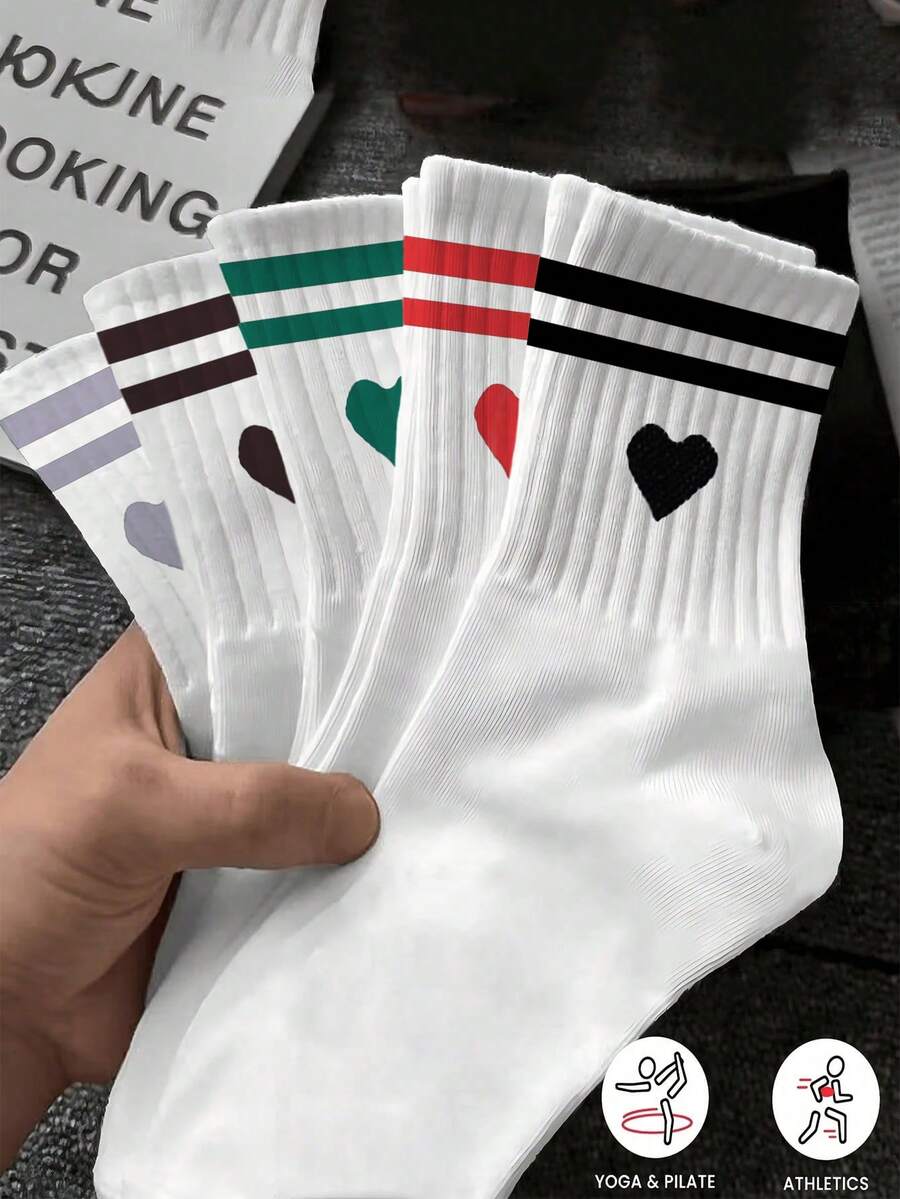 1/5 pares de calcetines de media pantorrilla con diseño a rayas en forma de corazón para mujeres, diseño de bloques de color blanco y verde, cálidos, transpirables, que absorben la humedad, suaves y cómodos, casuales y versátiles, regalo ideal para el Día de San Valentín, adecuados para senderismo, viajes al aire libre, camping, fiestas en otoño/invierno, también excelentes para parejas, regalos de Halloween y Navidad. - Multicolor - Ver 1