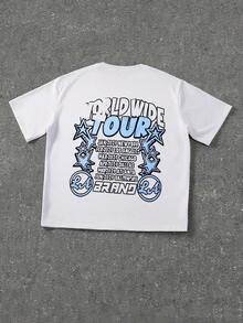 Men's Letter & Star Graphic Loose Round Neck Short Sleeve T-Shirt, World Tour T-Shirt-Premium Cotton Graphic Printed Round Neck T-Shirts - 藍色 - 查看 2