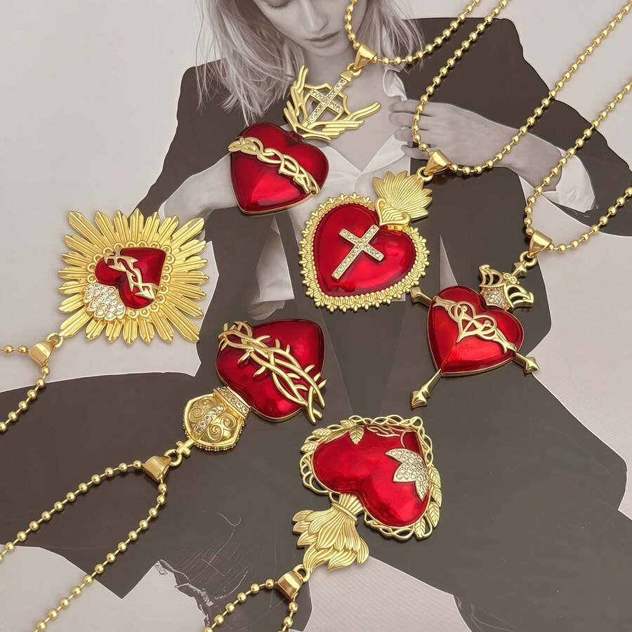 Collana con pendente smaltato a forma di croce rossa e cuore sacro, gioiello di moda religioso da donna, adatto per uso quotidiano