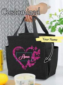 1 pieza Bolsa de almuerzo aislada con diseño personalizable de nombre y corazón, diseño de bolsillo doble, gran capacidad para lonchera de estudiante, forro de aluminio grueso - Negro - Ver 1