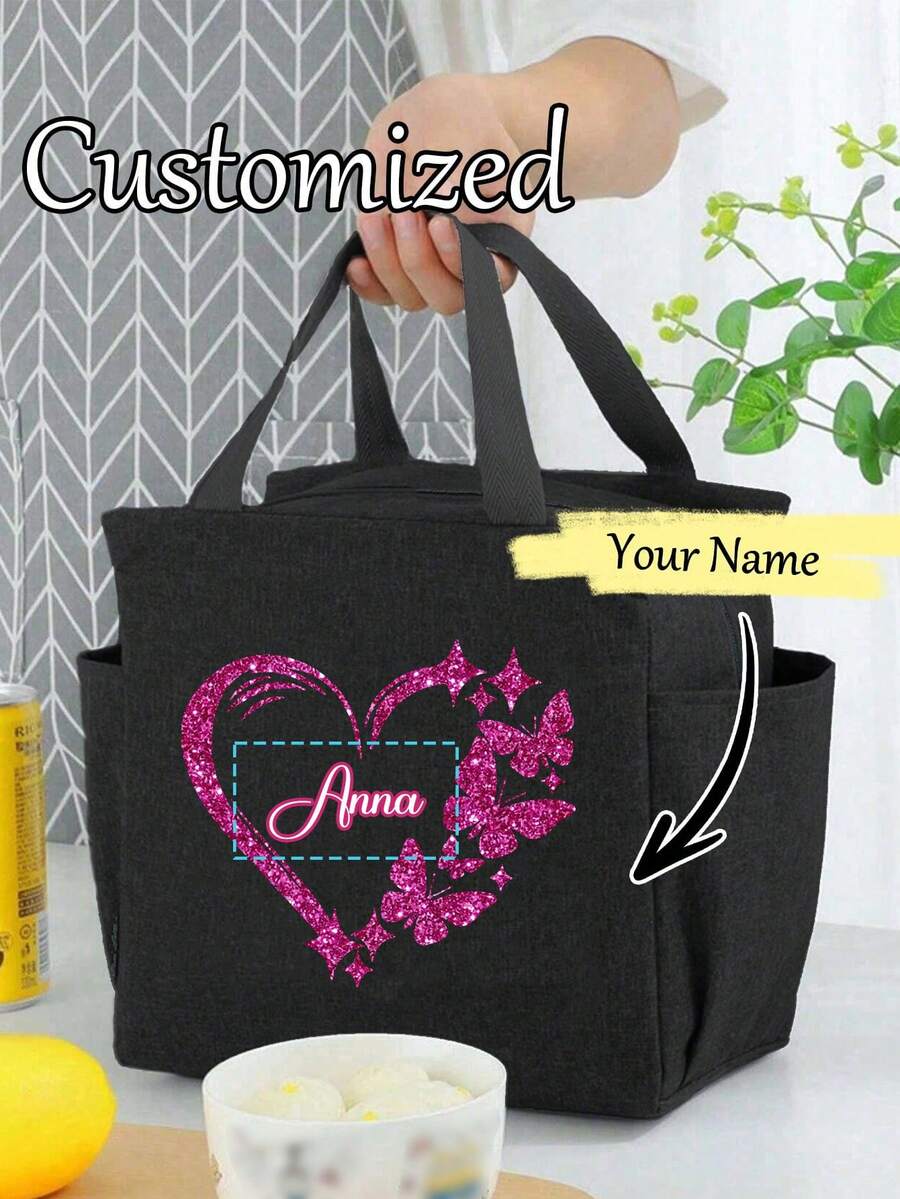 1 pieza Bolsa de almuerzo aislada con diseño personalizable de nombre y corazón, diseño de bolsillo doble, gran capacidad para lonchera de estudiante, forro de aluminio grueso - Negro - Ver 1