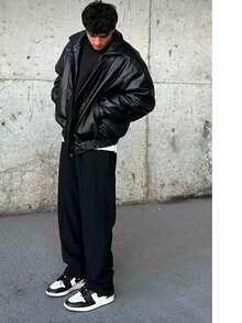 Oversize Men's Coat. Fiber-Filled Faux Leather Fabric Keeps You Warm In Winter - Black - View 3