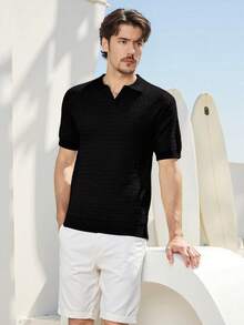 Men's Black Textured Mesh Polo Shirt – Lightweight, Comfortable, And Stylish For Spring And Summer - 黑色 - 查看 1