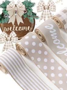 1Pc 5 Yards Farmhouse Ribbon Welcome Stripe Dot Buffalo Plaid Ribbon Wired Rustic Polyester Ribbon For Christmas Wreaths Assorted DIY Present Wrapping Floral Bow Craft Decor, Christmas Tree Decor, Christmas Decoration, Wedding Decor, Merry Christmas Decorations, Xmas Decor