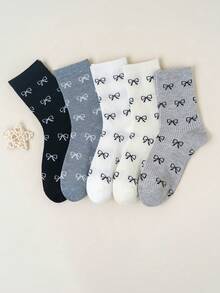 5 双女式可爱蝴蝶结中筒袜卡通动漫潮流时尚舒适长袜黑白灰色袜子 - 彩色 - 查看 15