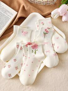 5 Pairs Random White Pink Bow Tie Polka Dot Floral Flowers Girls Socks, Back To School Supplies Children Running Sports Holiday Dresser Travel Essentials, Soft Breathable Toddler Kids Socks For Daily Wear & Gifts, Ideal For Christmas Halloween Decorations