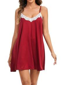 Nightgowns Women Lace Sleepwear Short Night Gowns Sleeveless Chemise Nighty - 櫻桃紅 - 查看 4
