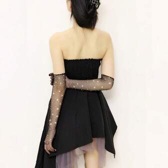 Shiny Rhinestone Fishnet Long Gloves, Stretchy Party Arm Decor Gloves For Women, Halloween Party, Dance Performance