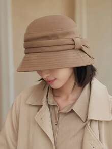 1 szt. damski jesienny kapelusz rybaka z kokardą, zimowy kapelusz typu bucket z długim rondem, elegancki, ciepły kapelusz typu bucket w jednolitym kolorze, odpowiedni do codziennego noszenia jesienią/zimą i jesiennymi strojami