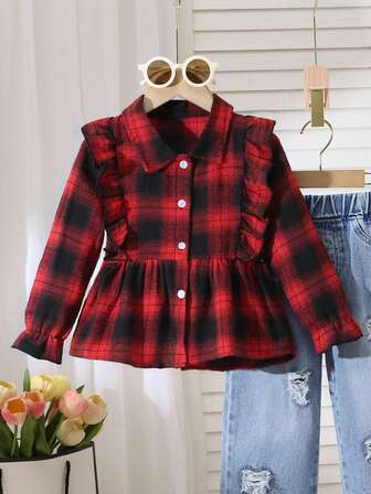 女童休闲时尚街头风学院复古褶皱荷叶边下摆渐变格纹翻领喇叭袖纽扣衬衫，适合户外活动、返校、通勤、社交聚会，春秋冬三季皆宜。