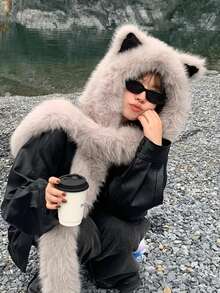 1pc Soft Plush Cat Ear Hat With Integrated Scarf, Unisex Winter Warm Fashion, Lightweight Knitted, Snap Closure, Suitable For Singles Party, Fuzzy Fox Hat, Autumn/Winter Bomber Hat With Scarf, Cute Bear Hat For Cycling