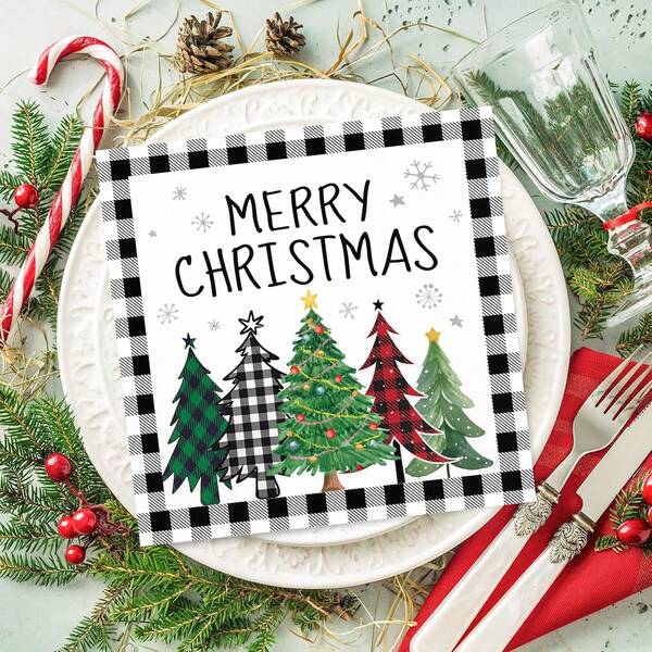 20/100 Stücke Weihnachts-Servietten im schwarz-weißen Buffalo-Karo-Landhausstil, Weihnachts-Papierservietten für Mittagessen, Wintergäste, Einweg-Servietten für Weihnachtsdekorationen
