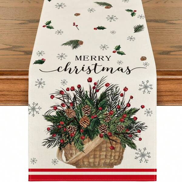 1 pièce Chemin de table "Joyeux Noël" avec houx, panier de pin, flocon de neige, décoration saisonnière d'hiver pour cuisine et table à manger, décoration de fête à la maison