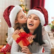 قبعة سانتا كلوز الحمراء المزينة بالبريق، ديكور حفلة عيد الميلاد، قبعة عيد الميلاد الناعمة المزينة بالبريق - قبعة حفلة رأس السنة وعيد الميلاد، هدية حفلة رأس السنة