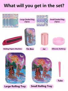 13pcs,Smoking Set, Including 2 Sizes Of Metal Rolling Trays, Pink Cigarette Holders, Pink Silicone Ashtrays, Boxes, Pink Metal Cans, Pink Tapered Tubes, 6-Piece Storage Bags, Art Design, Entry-Level Set, Fun Gifts, Holiday Gifts