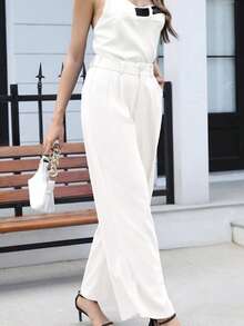 Ladies' High Waisted Pants Feature A Solid Color Design, Wide Leg Pants, Loose Fit, Soft, Lightweight, Comfortable, And Breathable Fabric, Suitable For Shopping, Gatherings, Sports, Work, Walking, Etc., Adding A Sense Of Fashion, Suitable For Conference W - trắng - Xem 2