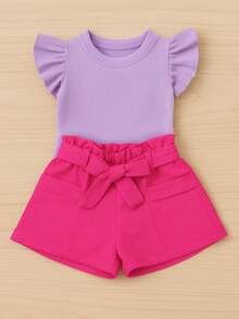 Children's Set Cropped Frufru Blouse + Linen Clochard Shorts Kit With 2 Super Stylish Pieces CJI033 - Pink and Lilac - View 2