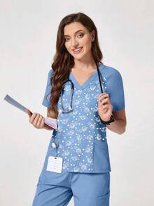 cimmuovere Women's V-Neck Multi-Pocket Top, Hospital Nursing Fashion Scrub Top, Printed High-Quality Doctor Surgical Gown, Women's Hospital Accessories, Pediatric Clinical Tops