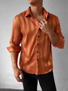 WAIT HIM Men's Striped Print Button Front Casual Long Sleeve Shirt, Fall - Orange - View 5