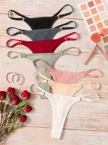 Kit Of 5 Ribbed Thong Panties With Bicolor Straps, Dental Floss, Premium Comfort Lingerie, Basic Women's Fashion - 彩色 - 查看 2