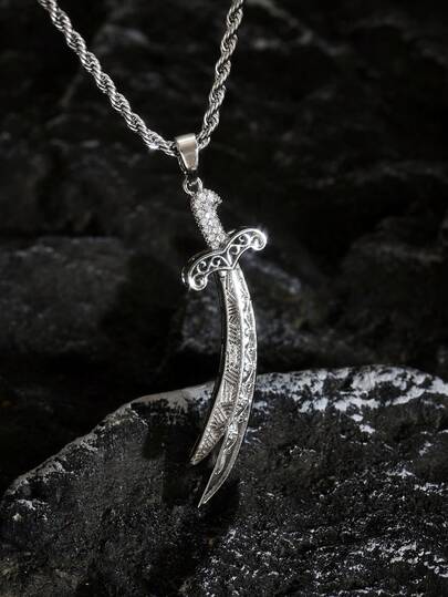 1pc Men's Stainless Steel Middle Eastern Religious Element Abi Talib Sword Necklace, Men's Copper Inlaid Zirconia Exquisite Pendant Jewelry Chain