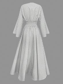 2026春秋新品：休闲时尚，轻盈透气，薄款设计，优雅度假风，法式简约，数码格纹印花长袖宽松V领连衣裙，女装，秋季服装，秋季连衣裙，女士秋季连衣裙，返校连衣裙，女教师装，外出服装，女士约会服装，女士婚礼宾客连衣裙，婚礼宾客连衣裙。 - 白色 - 查看 6