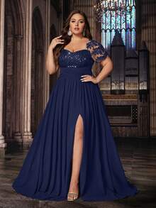 Classic Design Plus Size Women Solid Color Applique Sequins Patchwork Short Sleeve Gown Dress, Valentine's Day Wedding Spring Party - Navy Blue - View 1