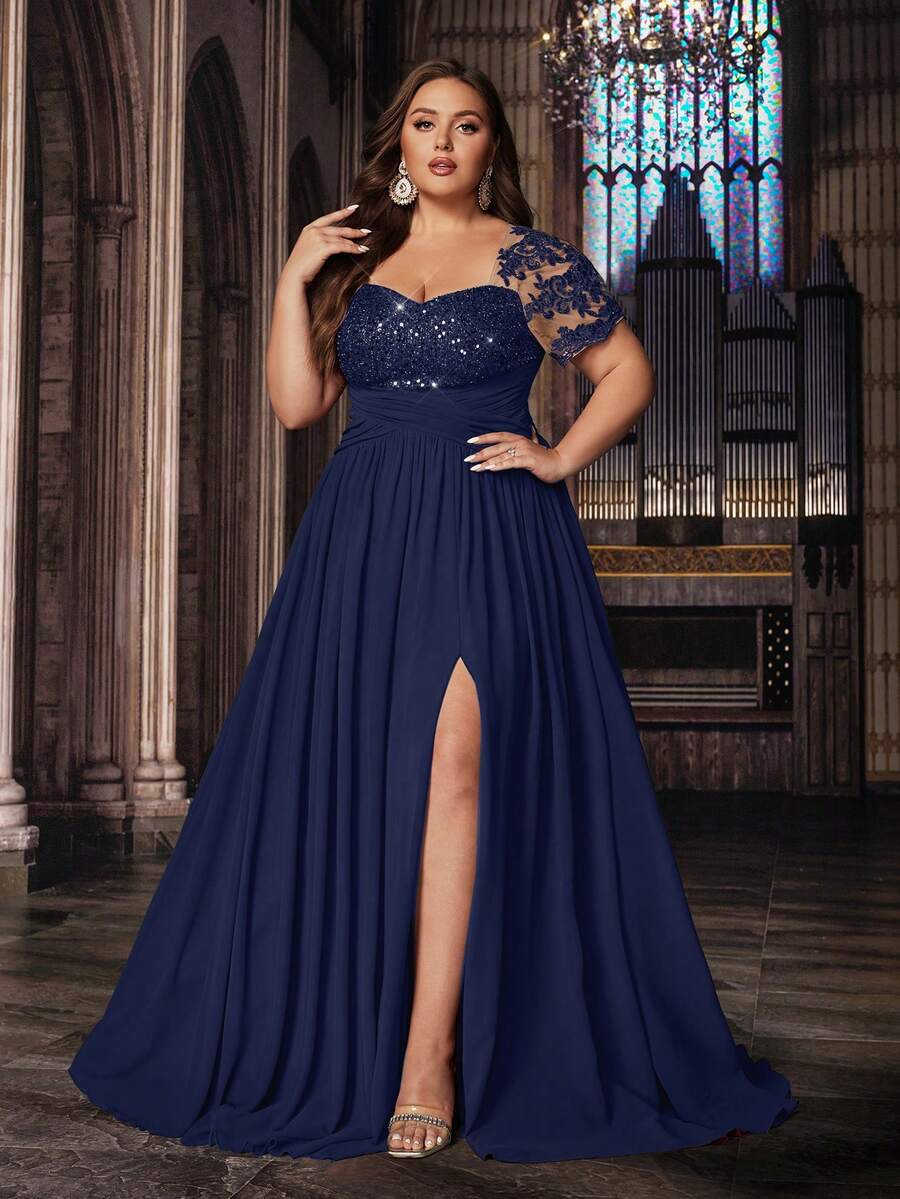 Classic Design Plus Size Women Solid Color Applique Sequins Patchwork Short Sleeve Gown Dress, Valentine's Day Wedding Spring Party - Navy Blue - View 1