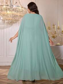 Plus Size Women's Solid Color Sequin Decor Belted Round Neck Elegant Long Arabic Abaya Summer - Green - View 3