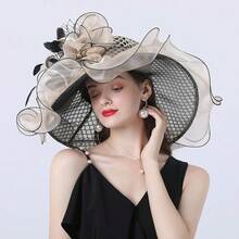 Women's Wide Brim Church Hat Organza Fascinator With Silk Flowers Tea Party Wedding Derby Bridal Events - 杏色 - 查看 3