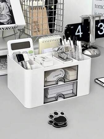 1 weißer Schreibtischorganizer mit 2 Schubladen und 4 Fächern, geeignet zum Aufbewahren von Schreibwaren, Kosmetika, Büromaterial, Fernbedienung, kann im Schlafzimmer, Arbeitszimmer, Badezimmer verwendet werden, Weihnachtsgeschenk