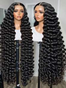 Uveous 42Inch 250% Density Deep Wave Lace Front Wigs Human Hair-13x4 HD Transparent Deep Wave Frontal Wigs Human Hair Curly Wigs For Women Curly Lace Front Human Hair Pre Plucked With Baby Hair - Natural Black - Xem 6