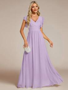 EVERPRETTY Pleated V-Neck Asymmetric Ruffle Chiffon Hem Bridesmaid Dress, Suitable For Weddings, Vacations, Graduations And Other Occasions