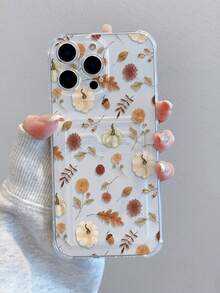 1 carcasă de telefon transparentă anti-cădere cu slot pentru card, model de dovleac de toamnă, floral, cu frunze, pictată, compatibilă cu Xs/Xsmax/Xr/11/12/13/14/14plus/15/15plus/16/16plus/7/8plus