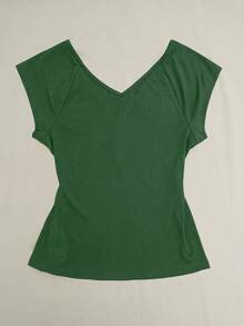 朋克风女式复古纯色休闲街头风短袖纽扣褶皱时尚上衣，甜美少女原宿Y2K T恤 - 綠色 - 查看 3