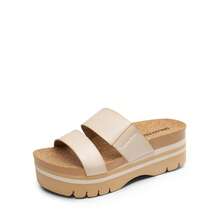 Women's Platform Slides Sandals Comfortable Arch Support Cork Cushion Footbed Two Strap Slip-On Fashion Flatform Beach Wedge Sandals - Beige - View 4