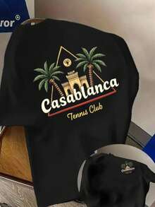 Men's Lightweight, Breathable T-Shirt - White T-Shirt With Burgundy Casa Blanca Tennis Club Graphic, Palm Trees, And Building - Casual All-Season Shirt For Travel, Gym, And Everyday Wear - Machine-Washable Cotton Top - màu đen - Xem 1