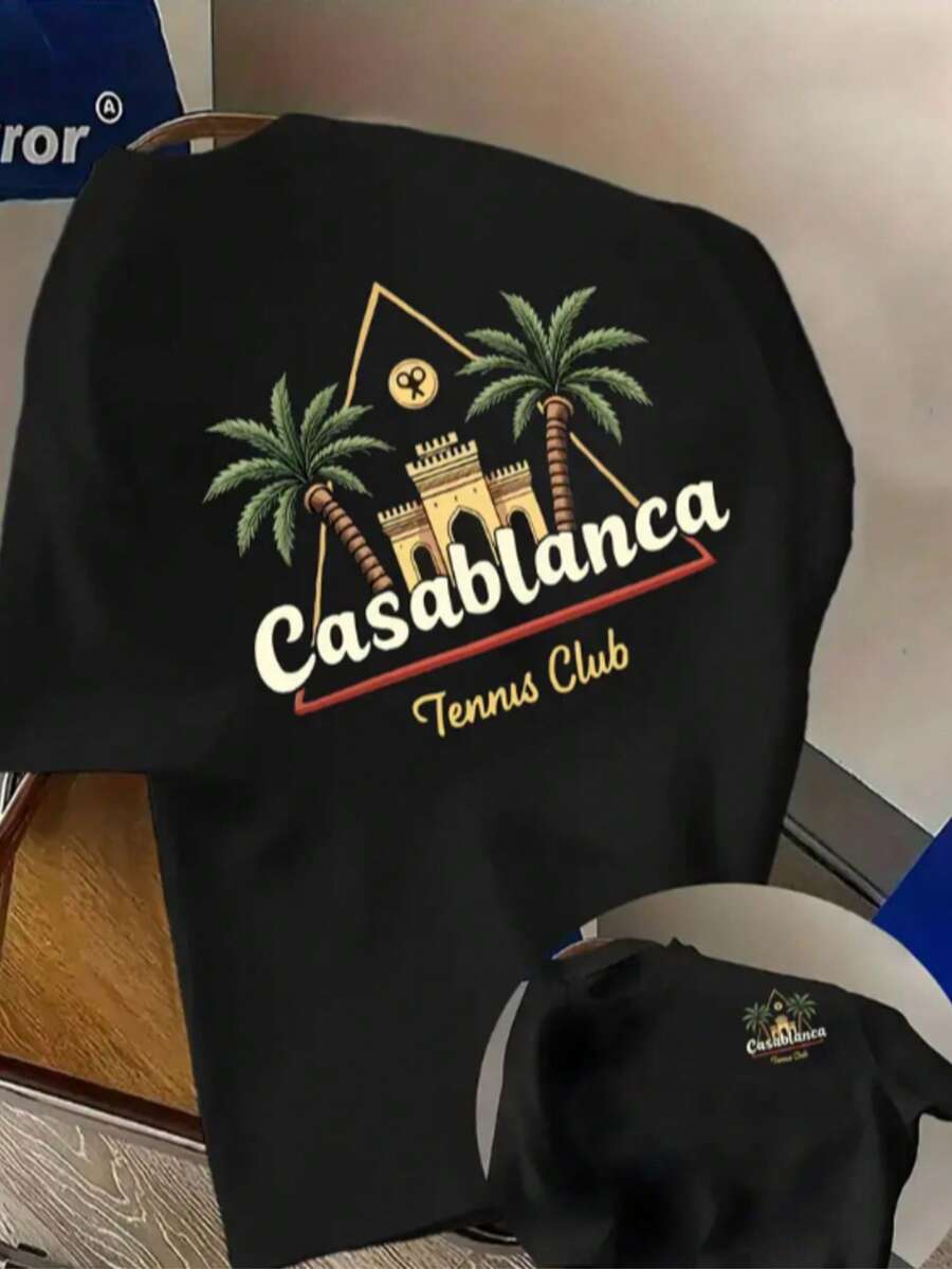 Men's Lightweight, Breathable T-Shirt - White T-Shirt With Burgundy Casa Blanca Tennis Club Graphic, Palm Trees, And Building - Casual All-Season Shirt For Travel, Gym, And Everyday Wear - Machine-Washable Cotton Top - màu đen - Xem 1