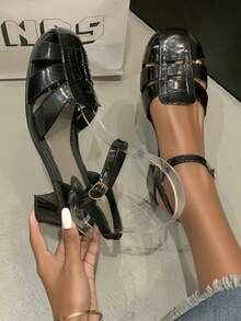 Giày cao gót đen 2 inch, Giày nữ thanh lịch, Giày cao gót đế dày phong cách La Mã thời trang mới, có khóa điều chỉnh, mũi kín, thích hợp cho hoạt động ngoài trời, văn phòng, đi làm - màu đen - Xem 2