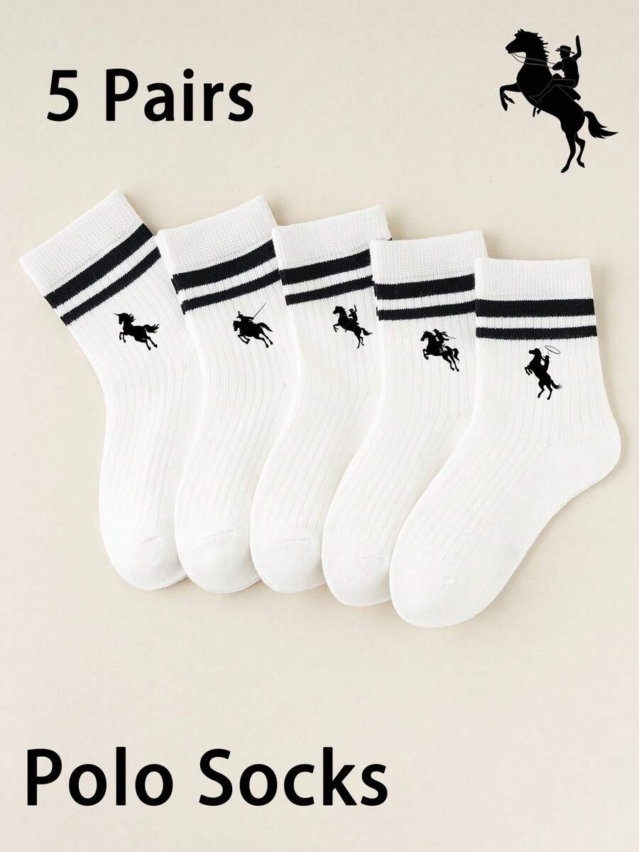 5 双、1 双、小马、绅士骑马、马球元素、马球步行印花中筒袜、婴儿必需品、女童袜、绿色袜子、女婴服装、男婴、万圣节袜子、圣诞礼物 - 彩色 - 查看 1